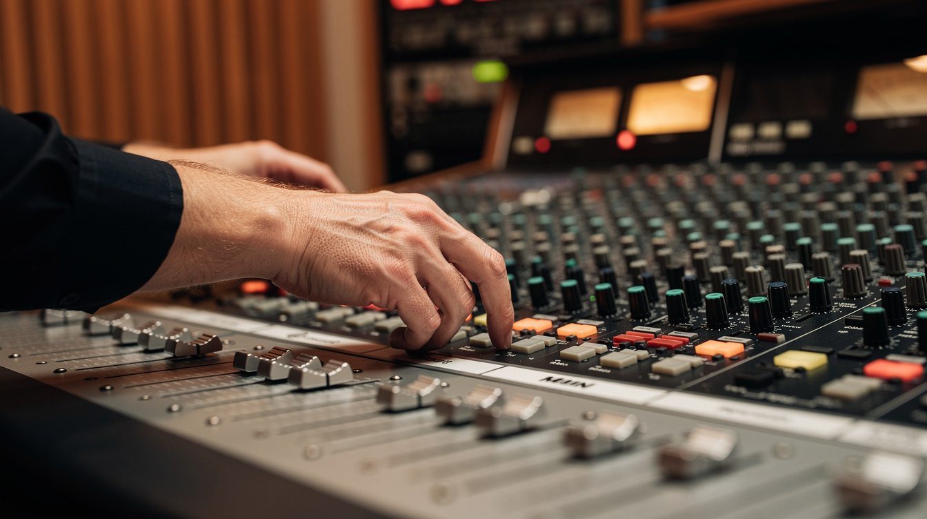 Sound engineer adjusting an audio mixing console in a studio