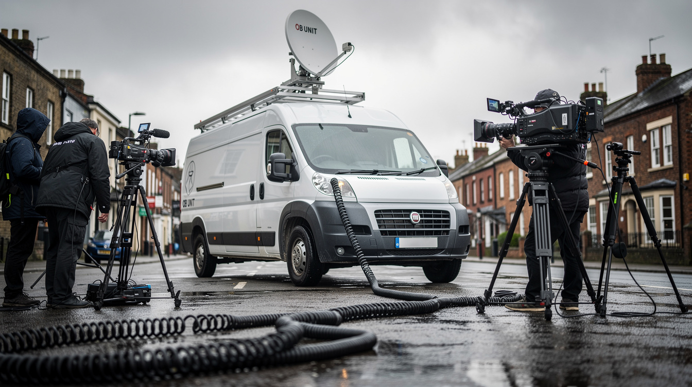 Outside broadcast van with satellite equipment on location