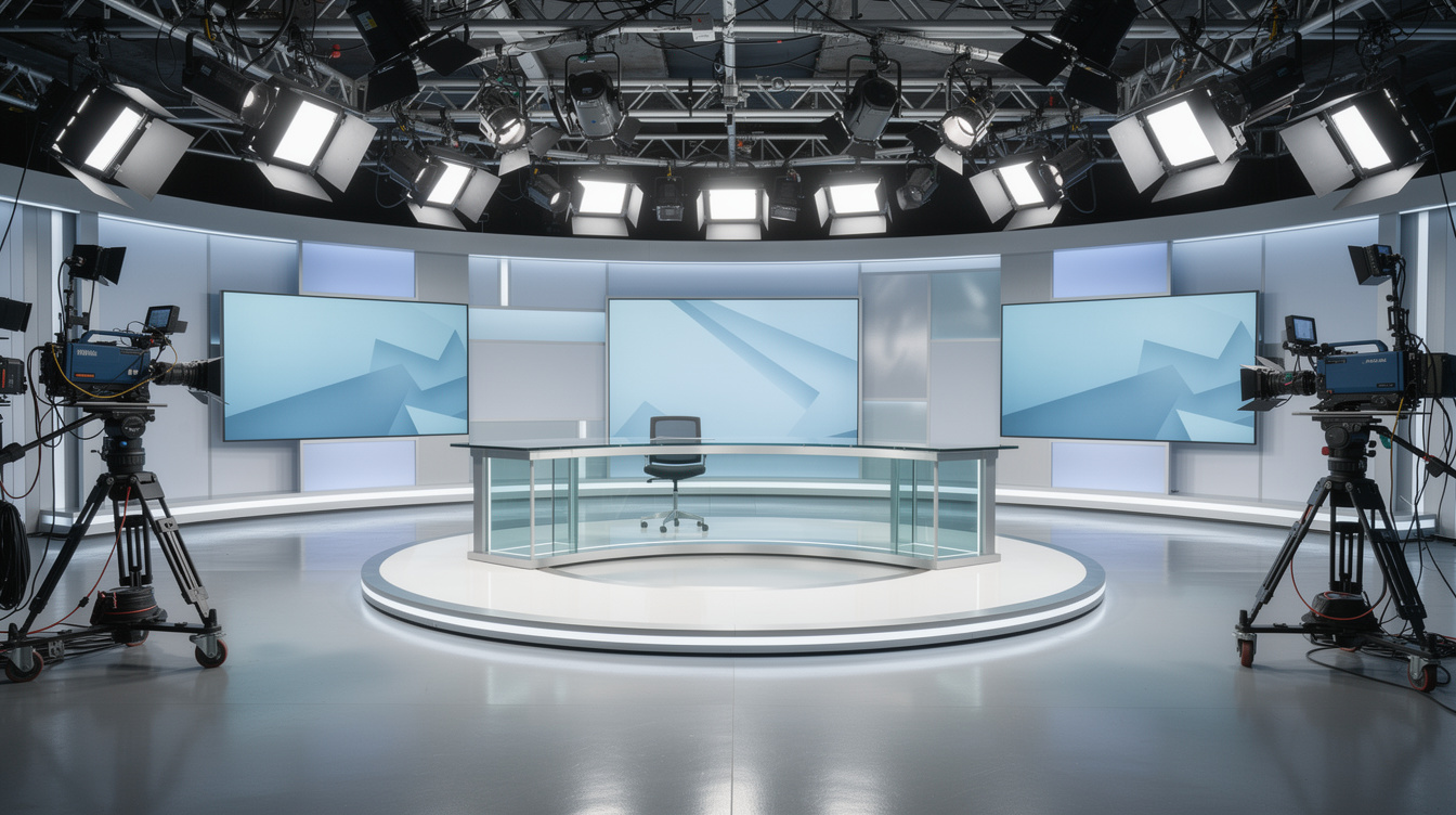 Wide shot of a television studio set with lighting rigs and cameras