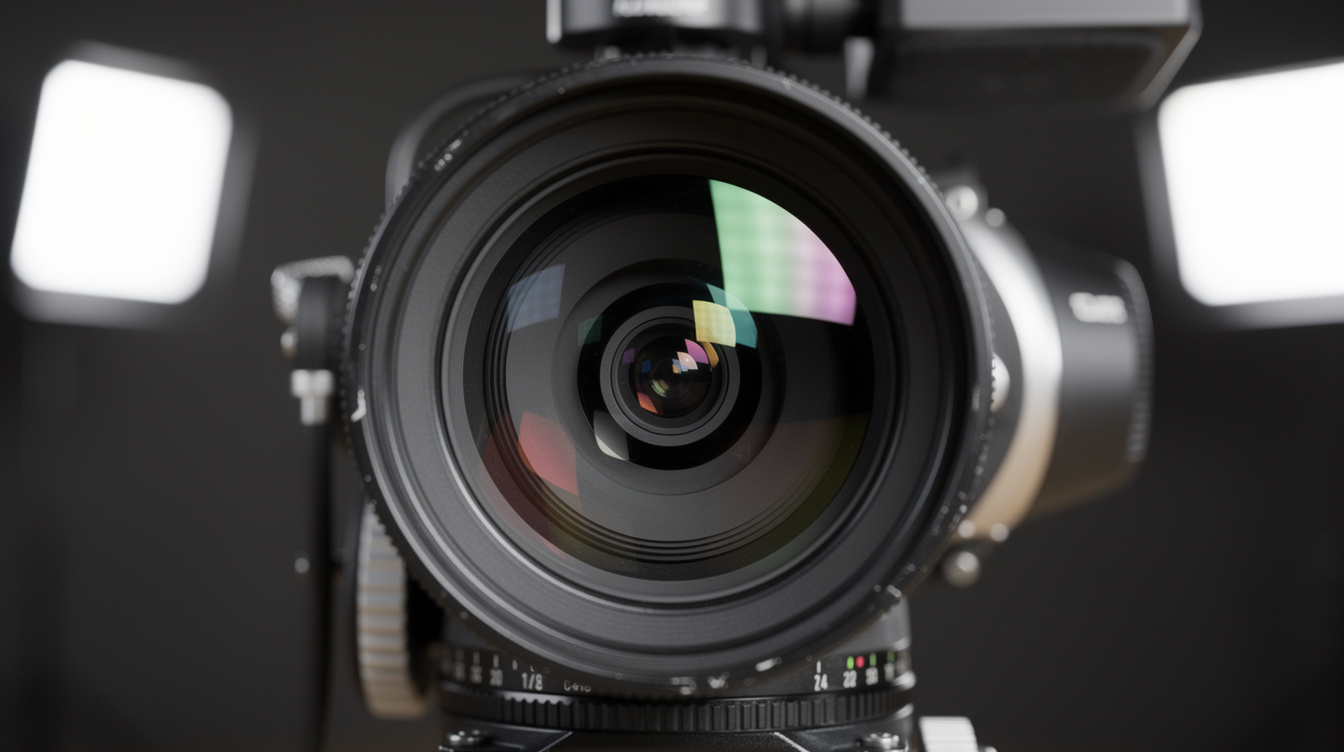 Close-up of a professional broadcast television camera lens