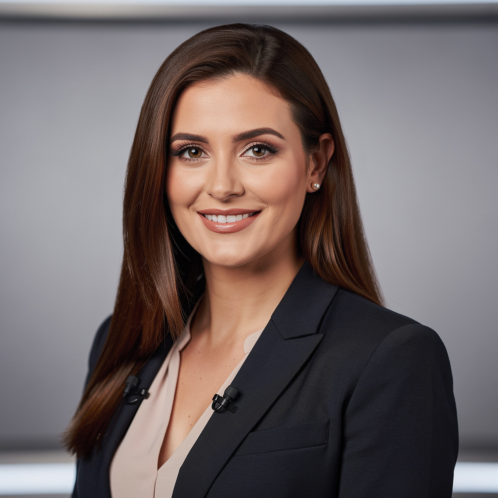 Smiling television presenter ready for a studio consultation