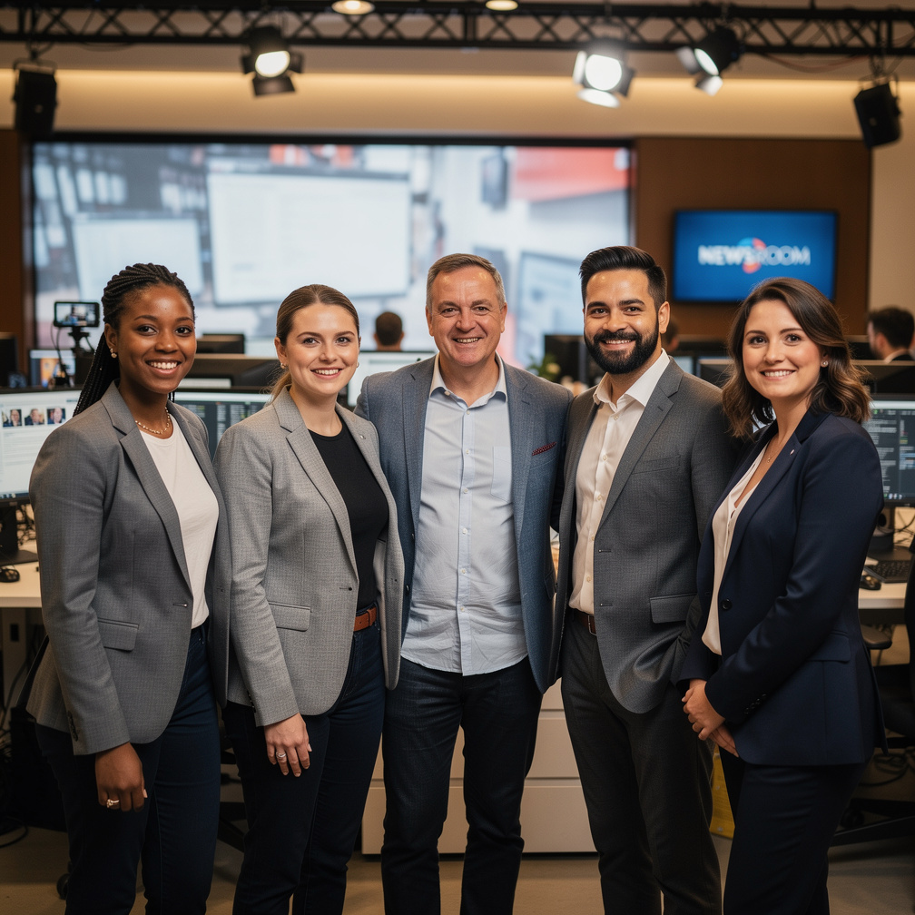 Diverse newsroom production team standing together