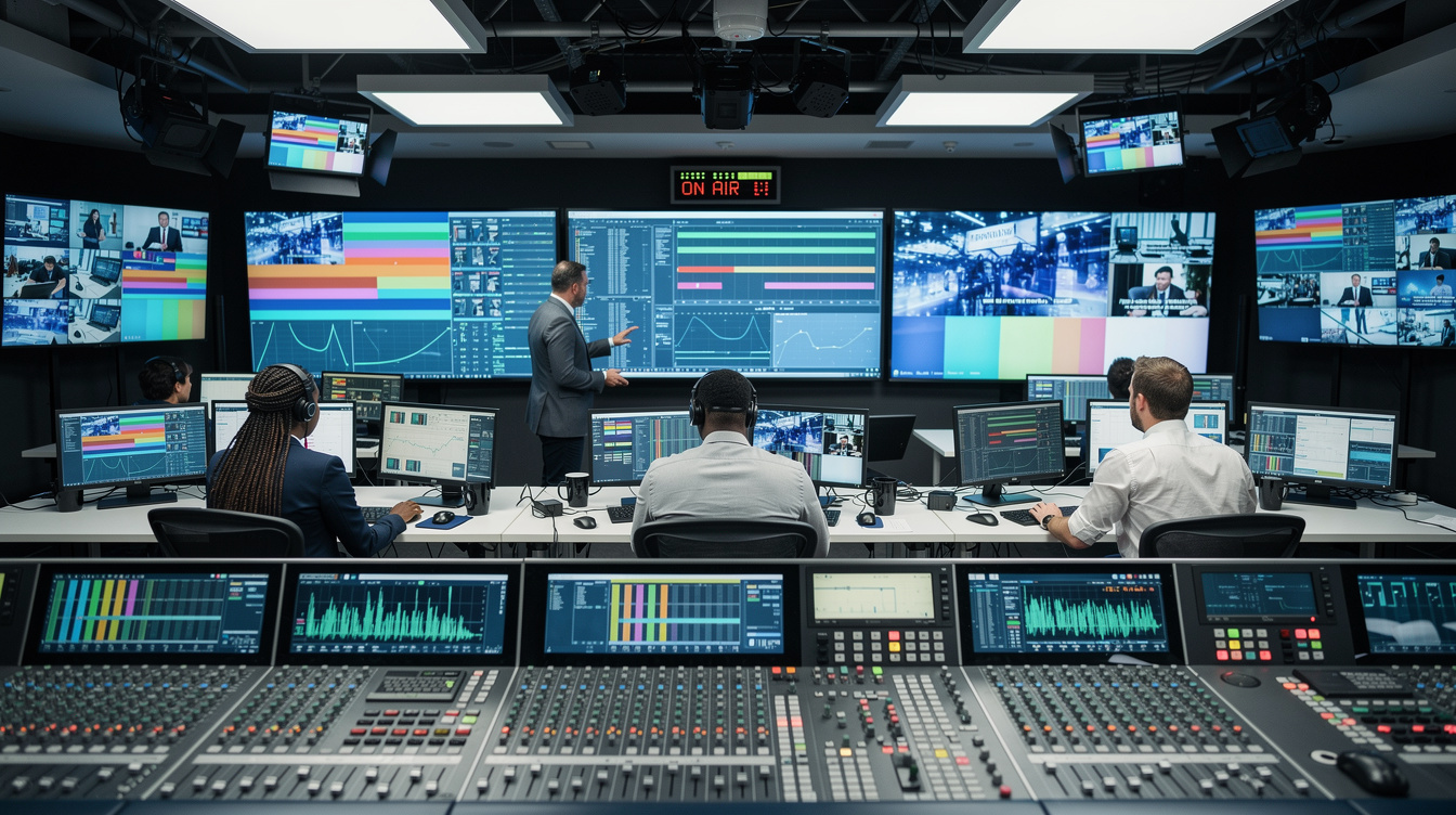 Newsroom control room with editors monitoring live broadcast screens