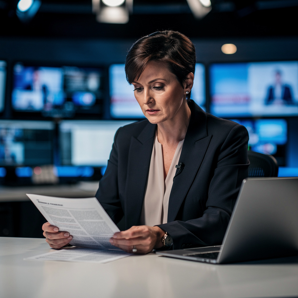 Editor reviewing a news script at a newsroom desk